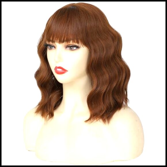 Short Wavy Synthetic Wig with Bangs Shoulder Length Bob Heat Resistant Party main image 4